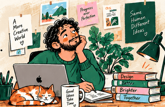 Illustrated creative person at a desk with a laptop, a cat, plants and books