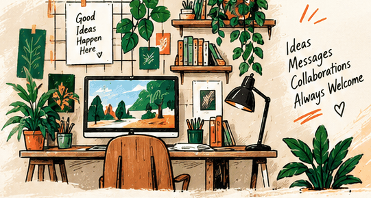 Cozy creative workspace with plants, shelves and a desk