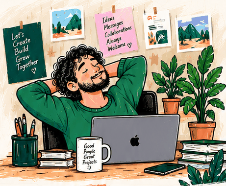 Illustrated relaxed creative professional at a desk with plants and a laptop