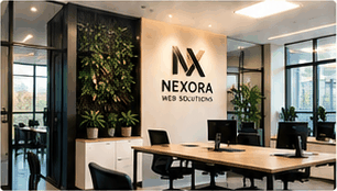 Nexora office with a green plant wall, desks and the Nexora logo
